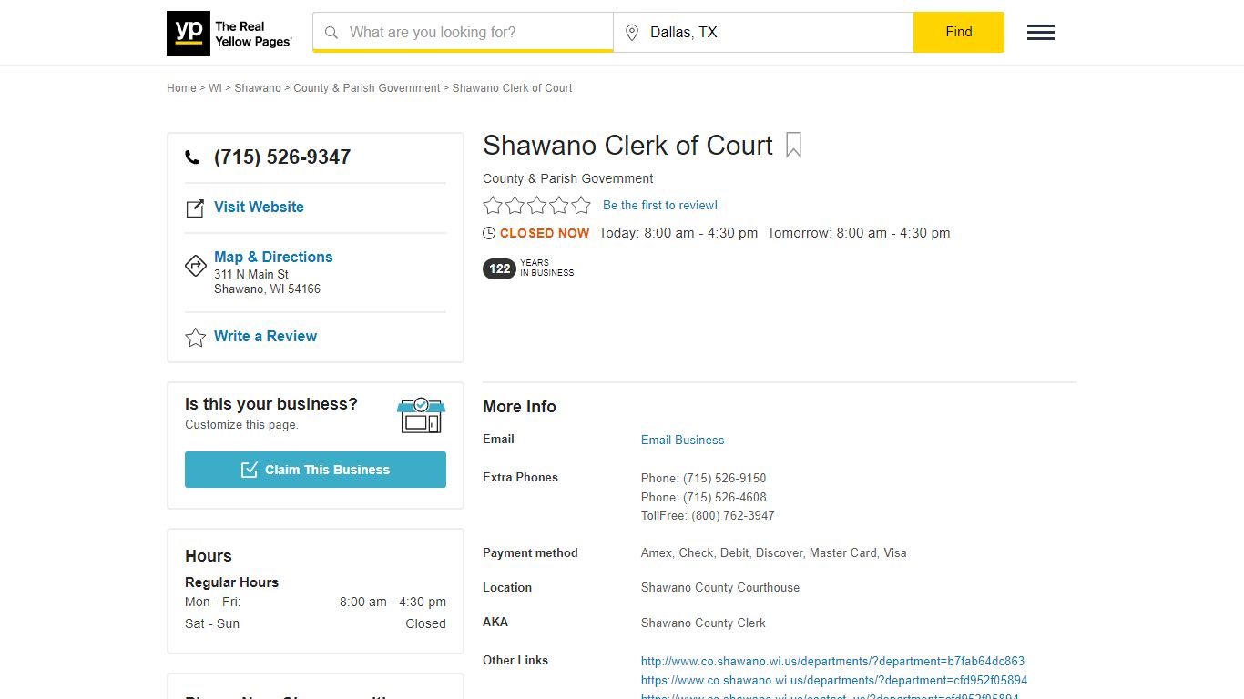 Shawano Clerk of Court 311 N Main St, Shawano, WI 54166 - YP.com